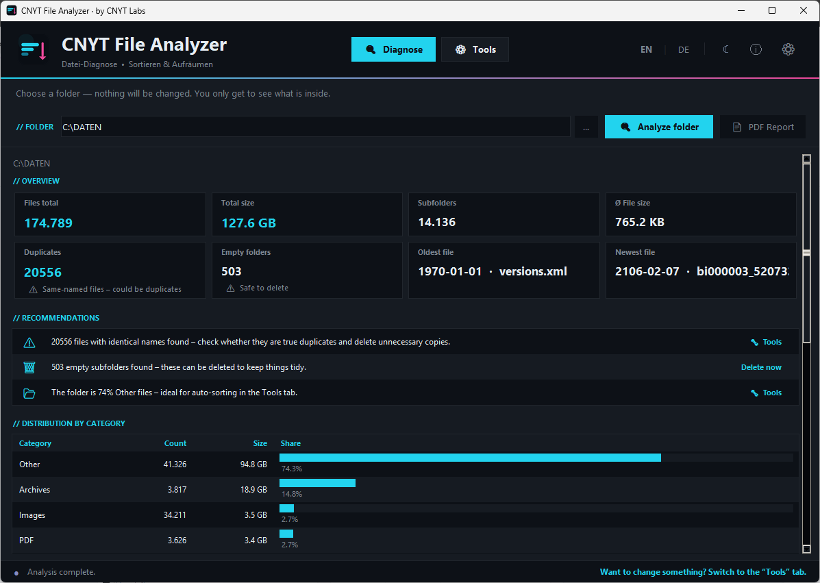 CNYT File Analyzer – Dark mode