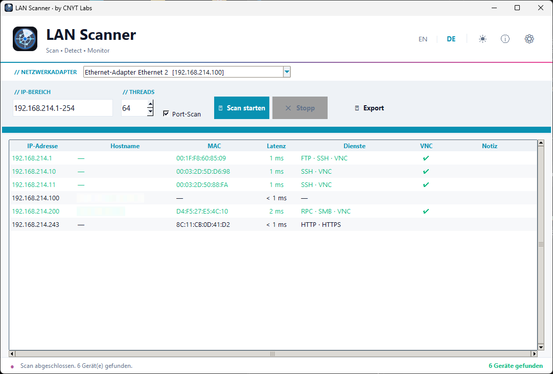 CNYT LAN Scanner – Main view