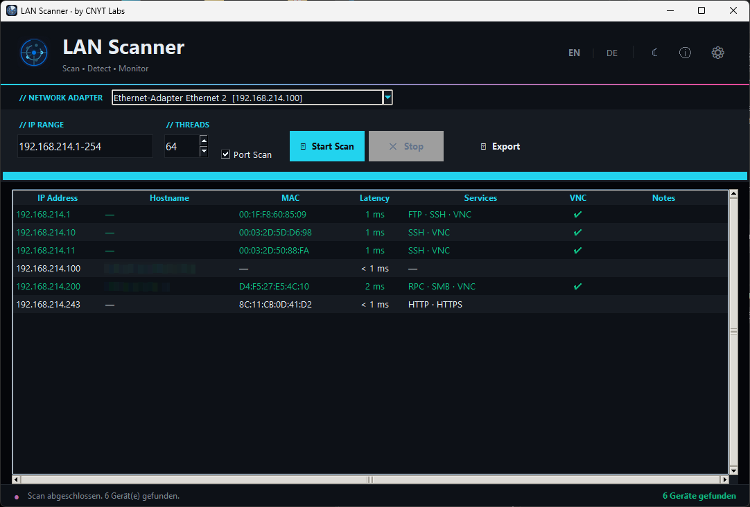 CNYT LAN Scanner – Dark mode
