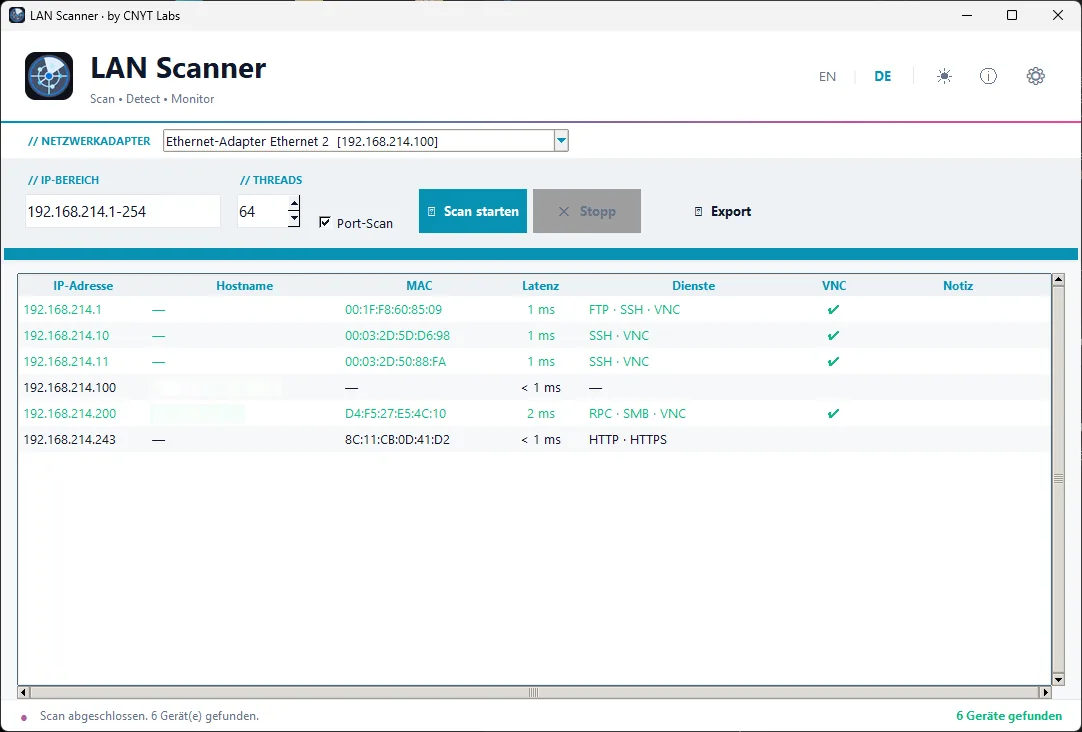 CNYT LAN Scanner – Scan-Ergebnisse im Light Mode